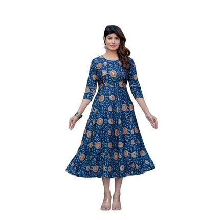 Women's A-Line Kurti with Embroidery Work, Rayon, Navy Blue, Printed