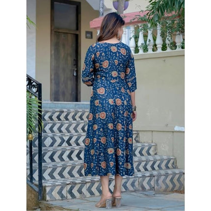 Women's A-Line Kurti with Embroidery Work, Rayon, Navy Blue, Printed