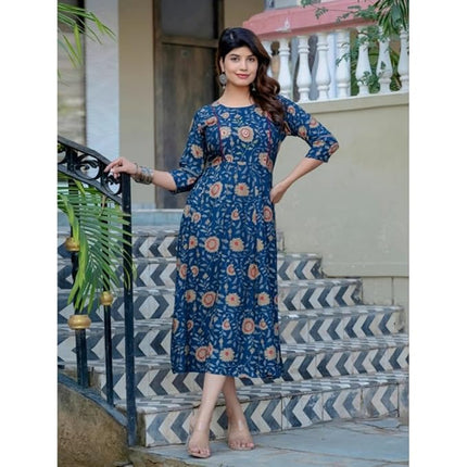 Women's A-Line Kurti with Embroidery Work, Rayon, Navy Blue, Printed