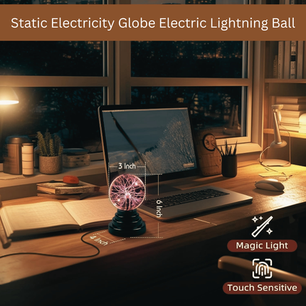 Plasma Ball Touch Sensitive Lamp with Black Base, 3 Inch Glass Sphere, 6 Inch Height