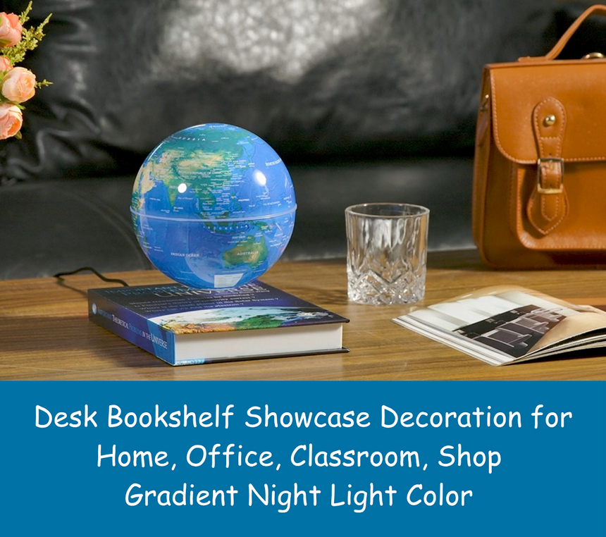 Quikokart Magnetic Levitation Floating Globe With Rotating Book Base - Desk Bookshelf Showcase Decoration for Home, Office, Classroom, Shop - Gradient Night Light Color